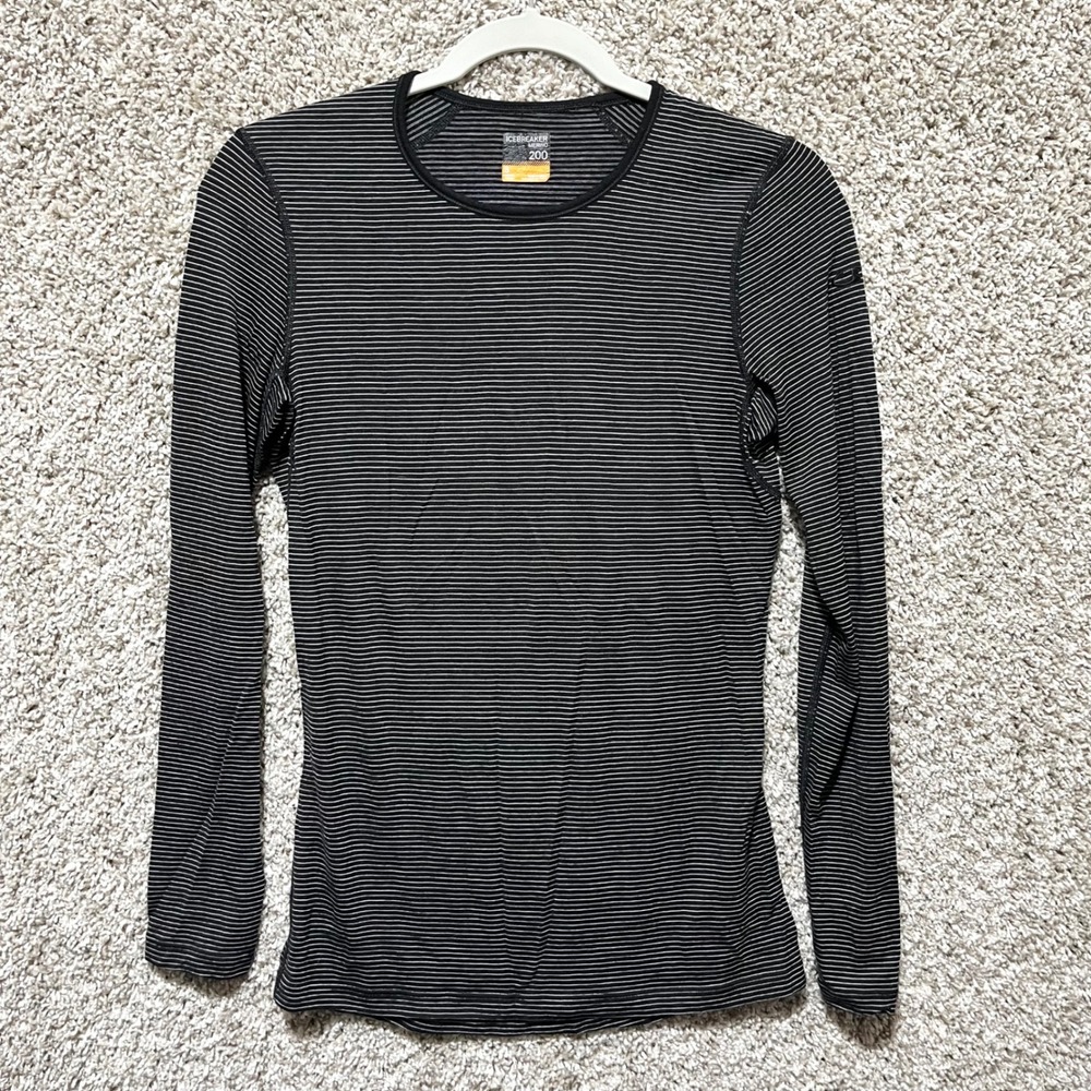 Icebreaker Top Women's S Black/White Striped Long Sleeve Wool 200 Base Layer